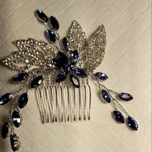 Ornate Blue and Silver Hair Comb with Floral Design